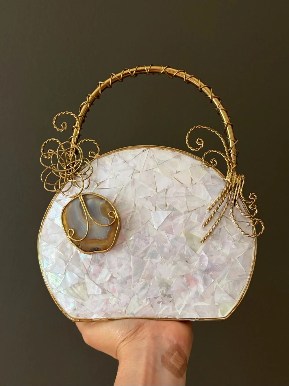 Handcrafted Iridescent Shell Circle Top-Handle Bag in White and Gold